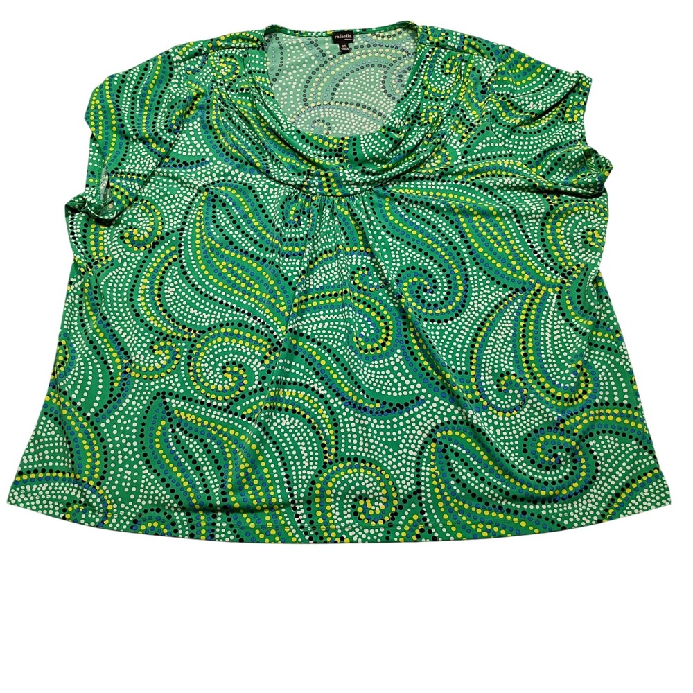 Rafaella Blouse Womens 3X Cowl Neck Dotted Paisley Green Multi Stretch Top